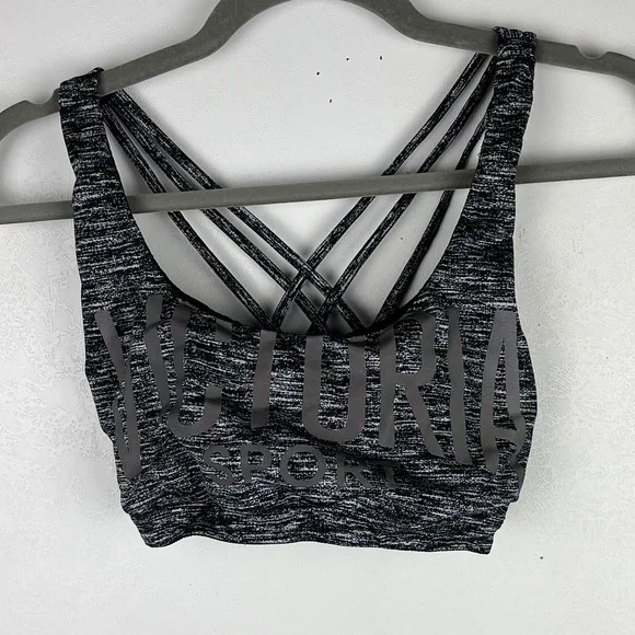 Victoria’s Secret Sport VSX Sports Bra Gray Strappy Logo Yoga Workout Medium - Picture 1 of 11